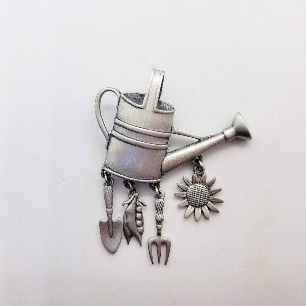 Vtg JJ Jonette pewter watering can spout charms brooch pin silver tone gardening
